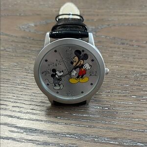 Mickey Through the Years Silvertone Watch with Black Leather Strap NIB